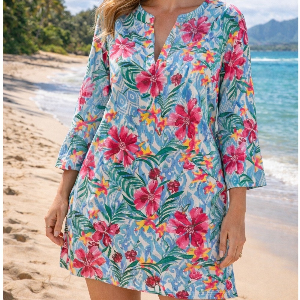Stella Parker Collection Tunic Tropical Ikat Sz L Resortwear Coastal Boho Travel